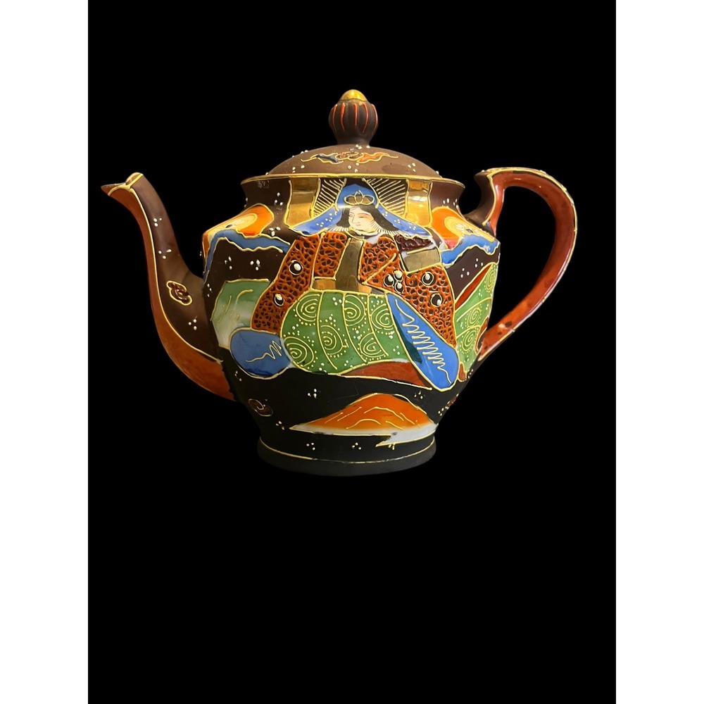 Vintage Japanese Satsuma Moriage Teapot Hand Painted Geisha Gold Gilt Brown